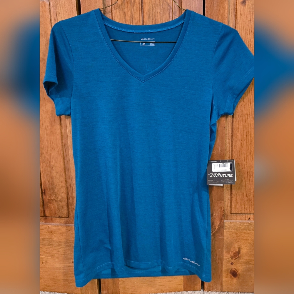 Women's Eddie Bauer Free-Dry Blue Azure V-Neck Top-Sz Medium